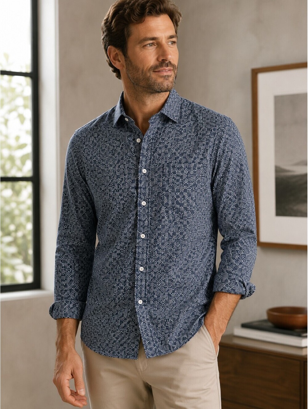 Todd Snyder Mens M Blue Dot Print Button Shirt 100% Cotton